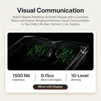 Rokid AI Glasses (12MP POV Camera, Dual‑Eye AR Display, 89‑Language Translation) Advertisement for Rokid Glasses with product features on a beige background