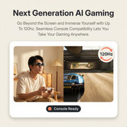 Rokid AR Spatial AR Glasses (215" Virtual Screen, 120Hz, USB‑C, Myopia Adjustment) Advertisement for next-generation AI gaming with a person playing on a console and a car racing game.