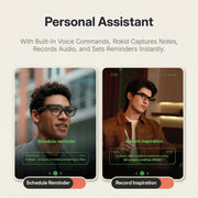 Rokid AI Glasses (12MP POV Camera, Dual‑Eye AR Display, 89‑Language Translation) Two smartphone screens showing a personal assistant app with voice commands and notes.
