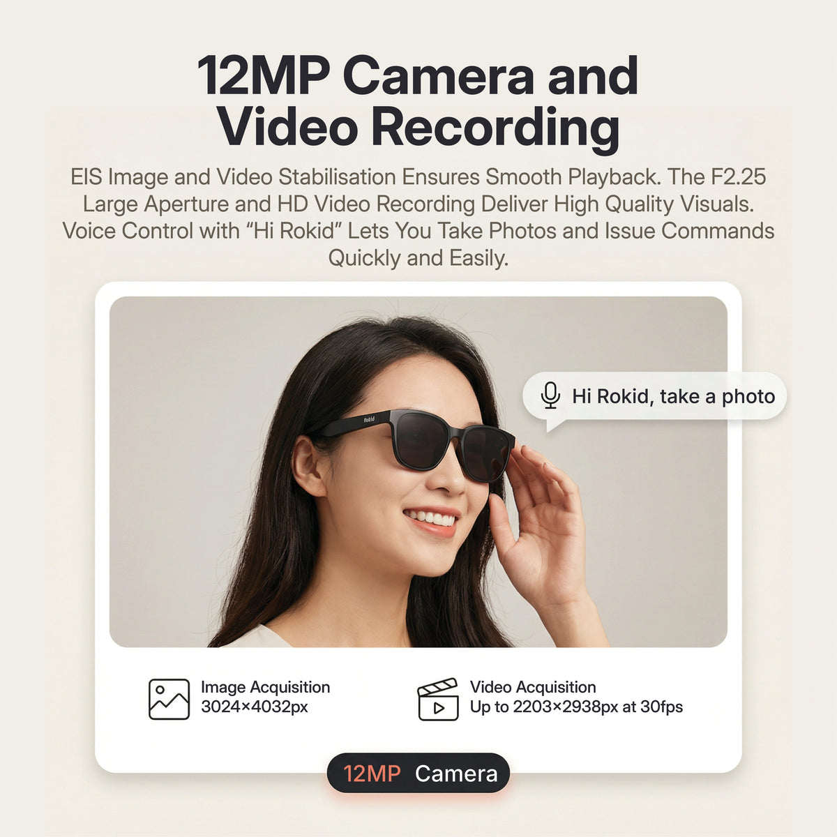 Rokid AI Glasses Style (ChatGPT & Gemini, 12MP POV Camera, Real‑Time Translation) Woman wearing sunglasses with text about 12MP camera and video recording features.