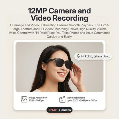 Rokid AI Glasses Style (ChatGPT & Gemini, 12MP POV Camera, Real‑Time Translation) Woman wearing sunglasses with text about 12MP camera and video recording features.