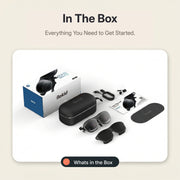 Rokid AR Spatial AR Glasses (215" Virtual Screen, 120Hz, USB‑C, Myopia Adjustment) Rokid product packaging with accessories on a beige background
