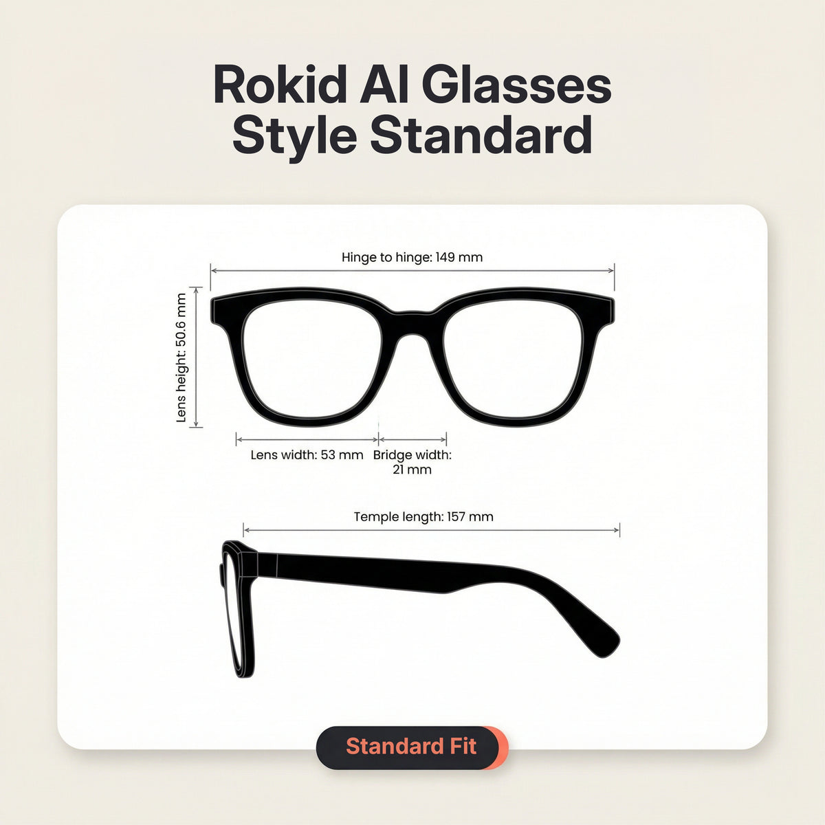 Rokid AI Glasses Style (ChatGPT & Gemini, 12MP POV Camera, Real‑Time Translation) Rokid AI Glasses Style Standard with dimensions on a beige background