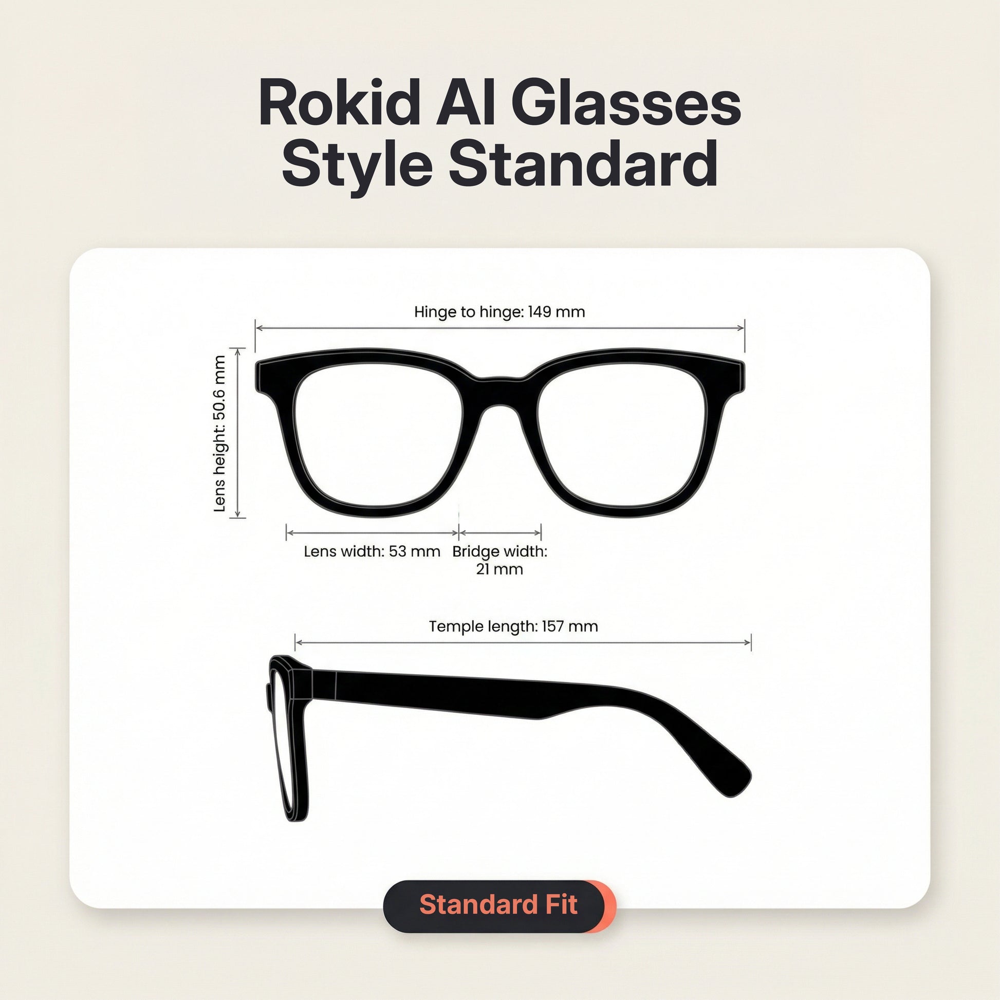 Rokid AI Glasses Style (ChatGPT & Gemini, 12MP POV Camera, Real‑Time Translation) Rokid AI Glasses Style Standard with dimensions on a beige background