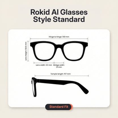Rokid AI Glasses Style (ChatGPT & Gemini, 12MP POV Camera, Real‑Time Translation) Rokid AI Glasses Style Standard with dimensions on a beige background