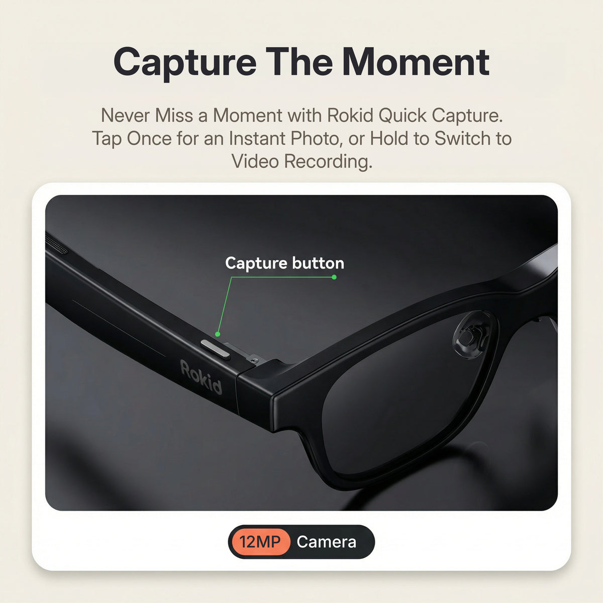 Rokid AI Glasses (12MP POV Camera, Dual‑Eye AR Display, 89‑Language Translation) Rokid sunglasses with capture button and camera features on a beige background