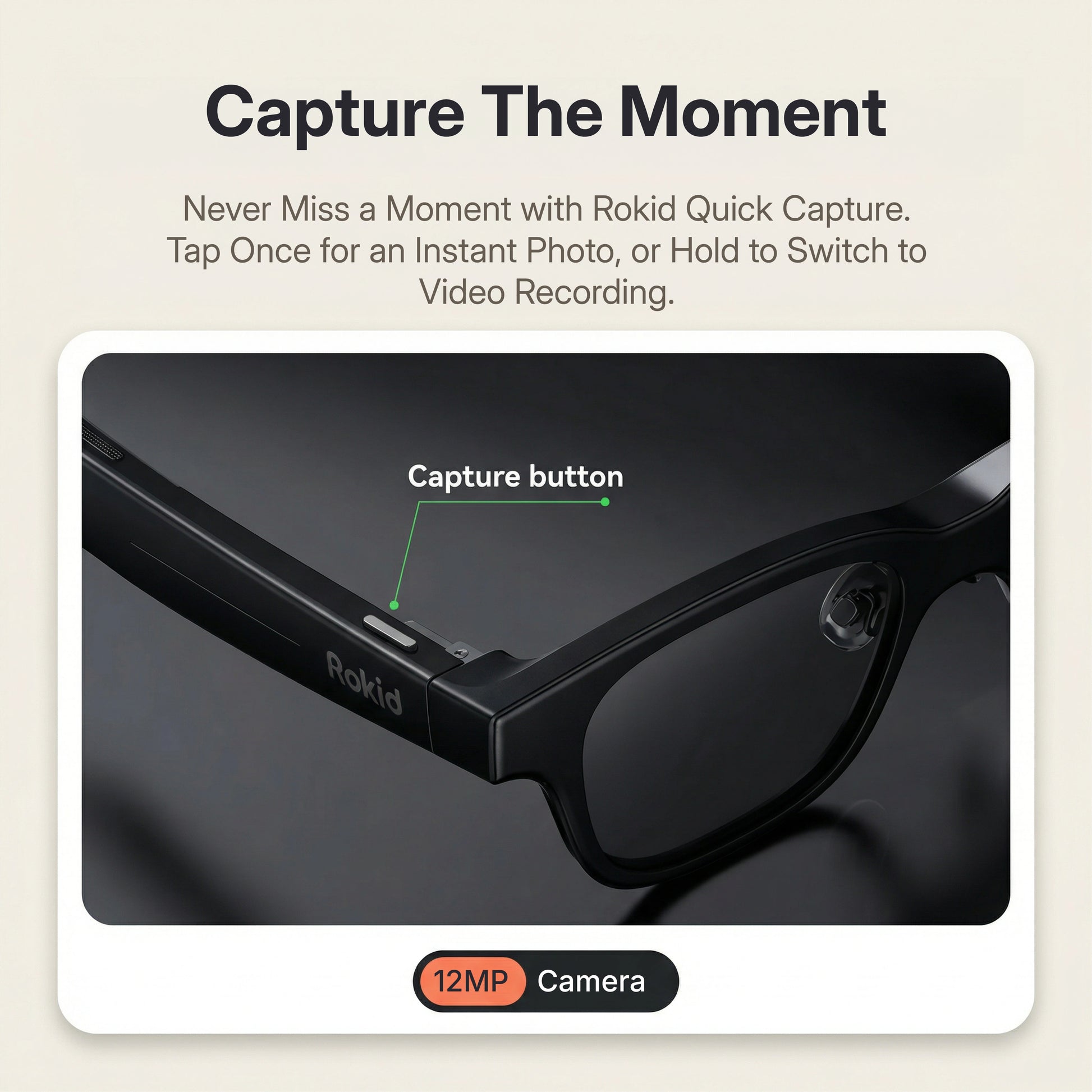 Rokid AI Glasses (12MP POV Camera, Dual‑Eye AR Display, 89‑Language Translation) Rokid sunglasses with capture button and camera features on a beige background