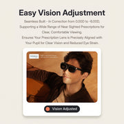 Rokid AR Spatial AR Glasses (215" Virtual Screen, 120Hz, USB‑C, Myopia Adjustment) Person wearing sunglasses with text about easy vision adjustment and prescription lenses.