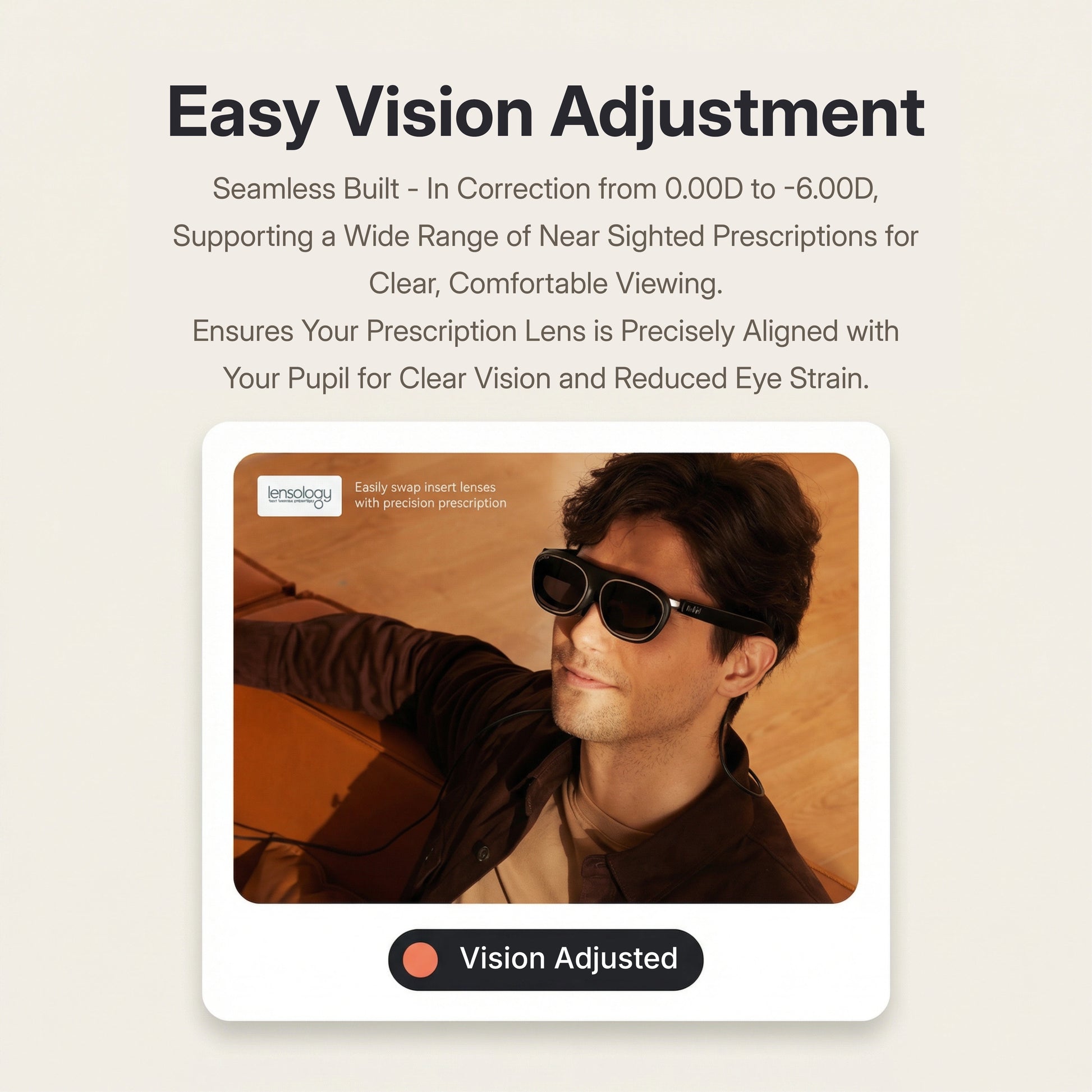 Rokid AR Spatial AR Glasses (215" Virtual Screen, 120Hz, USB‑C, Myopia Adjustment) Person wearing sunglasses with text about easy vision adjustment and prescription lenses.