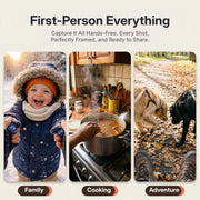 Rokid AI Glasses Style (ChatGPT & Gemini, 12MP POV Camera, Real‑Time Translation) Collage of a child in the snow, cooking on a stove, and two dogs on a path with text 'First-Person Everything' and 'Capture It All Hands-Free.'.
