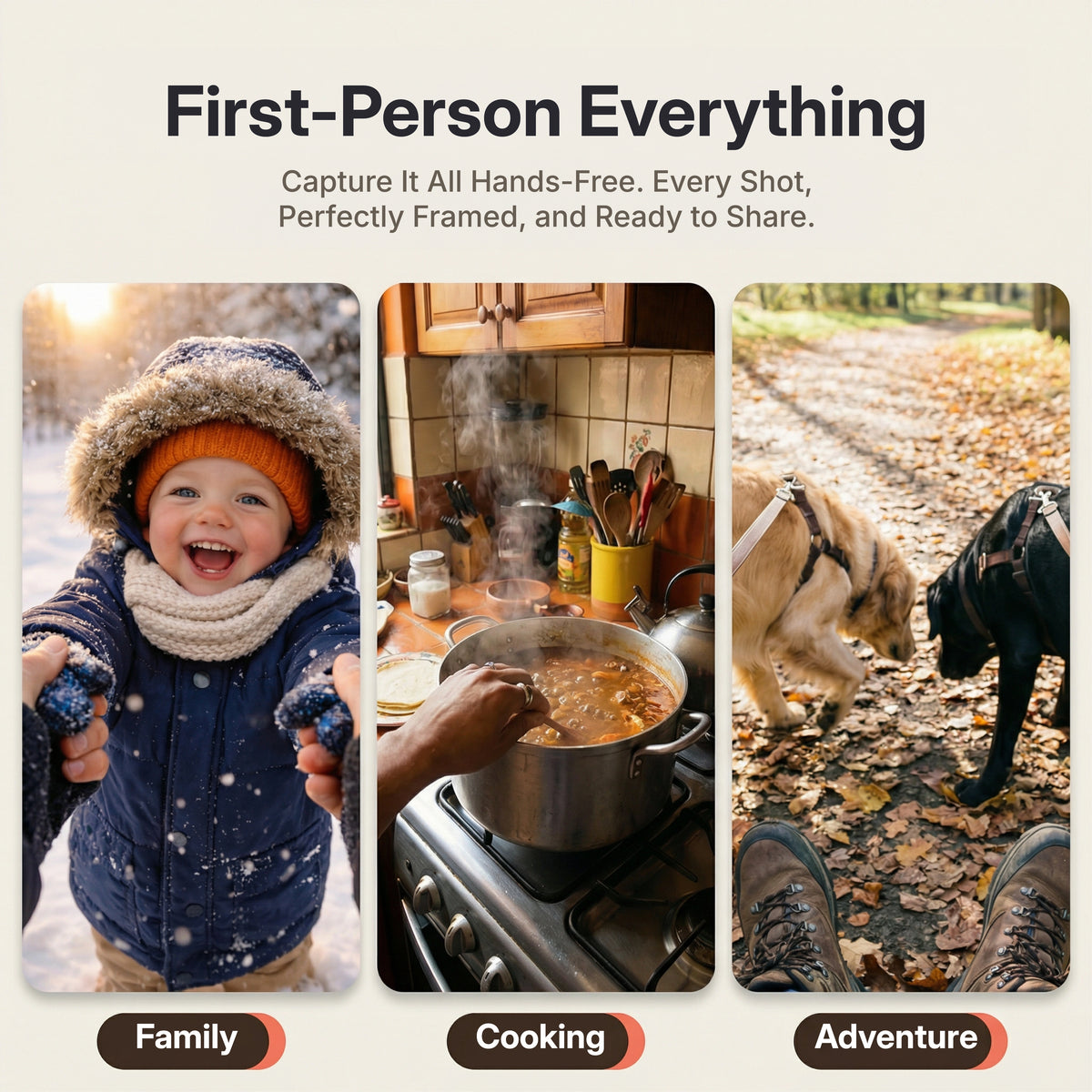 Rokid AI Glasses Style (ChatGPT & Gemini, 12MP POV Camera, Real‑Time Translation) Collage of a child in the snow, cooking on a stove, and two dogs on a path with text 'First-Person Everything' and 'Capture It All Hands-Free.'.