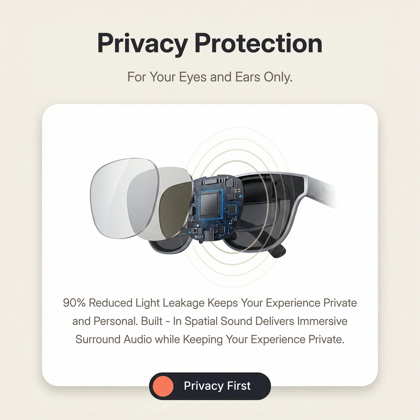 Rokid AR Spatial AR Glasses (215" Virtual Screen, 120Hz, USB‑C, Myopia Adjustment) Glasses with privacy protection feature on a beige background