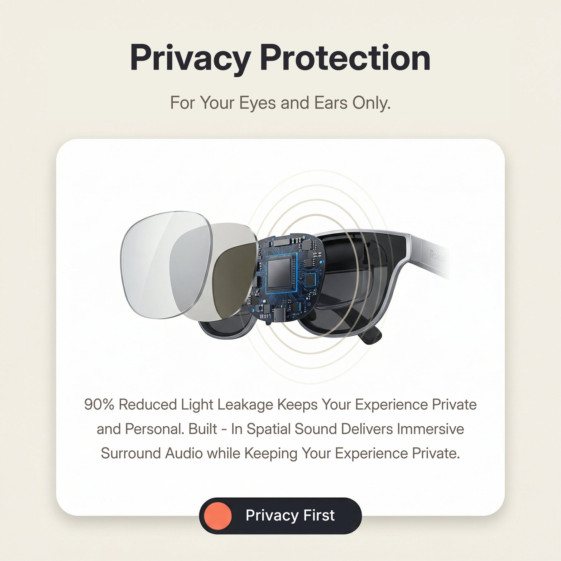 Rokid AR Spatial AR Glasses (215" Virtual Screen, 120Hz, USB‑C, Myopia Adjustment) Glasses with privacy protection feature on a beige background