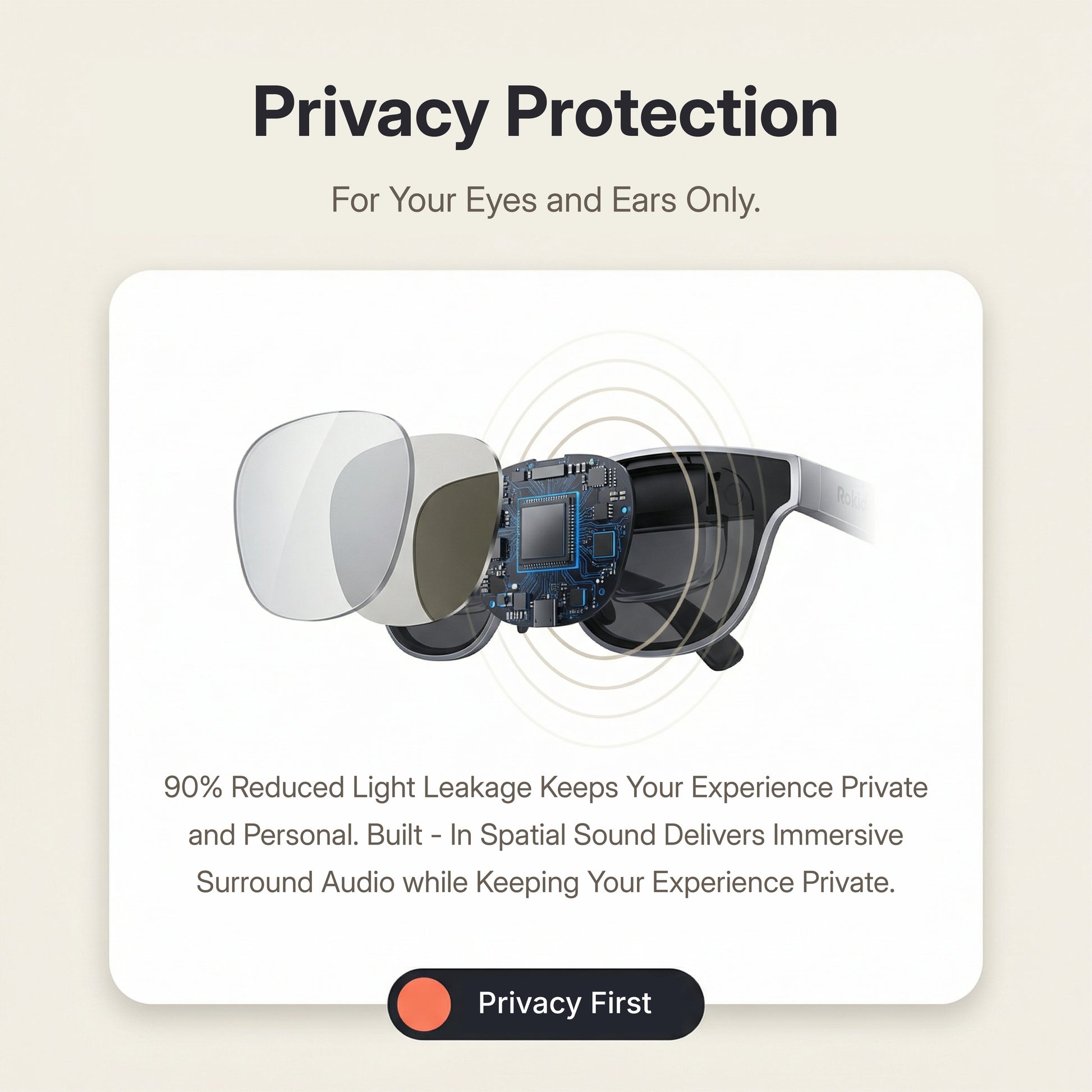 Rokid AR Spatial AR Glasses (215" Virtual Screen, 120Hz, USB‑C, Myopia Adjustment) Glasses with privacy protection feature on a beige background