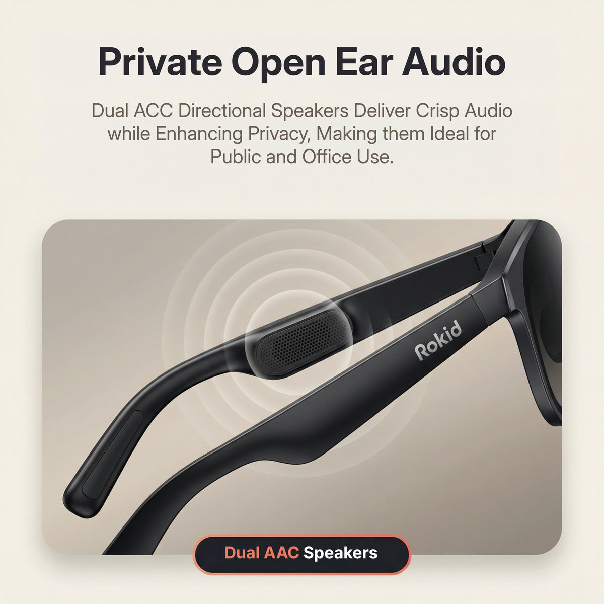 Rokid AI Glasses Style (ChatGPT & Gemini, 12MP POV Camera, Real‑Time Translation) Black open ear audio device with Rokid branding on a beige background