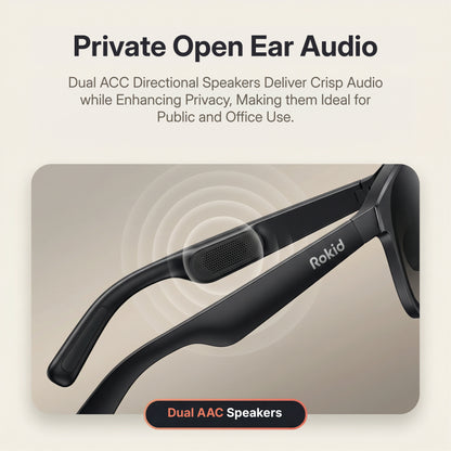 Rokid AI Glasses Style (ChatGPT & Gemini, 12MP POV Camera, Real‑Time Translation) Black open ear audio device with Rokid branding on a beige background
