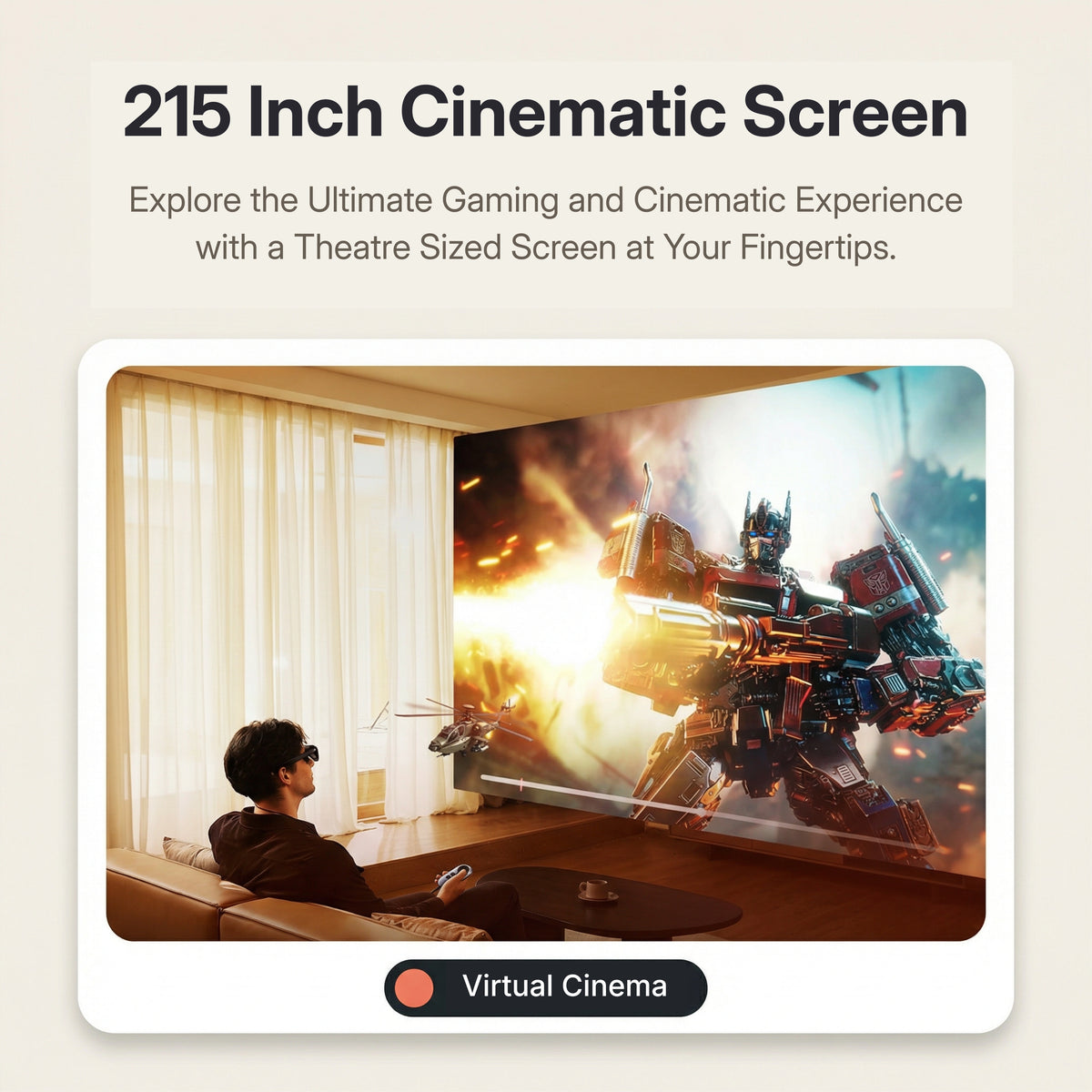 Rokid AR Spatial AR Glasses (215" Virtual Screen, 120Hz, USB‑C, Myopia Adjustment) Person watching a movie on a large screen with a robot character on the screen.