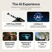 Rokid AI Glasses Style (ChatGPT & Gemini, 12MP POV Camera, Real‑Time Translation) Promotional graphic for smart AI glasses ecosystem with features highlighted.