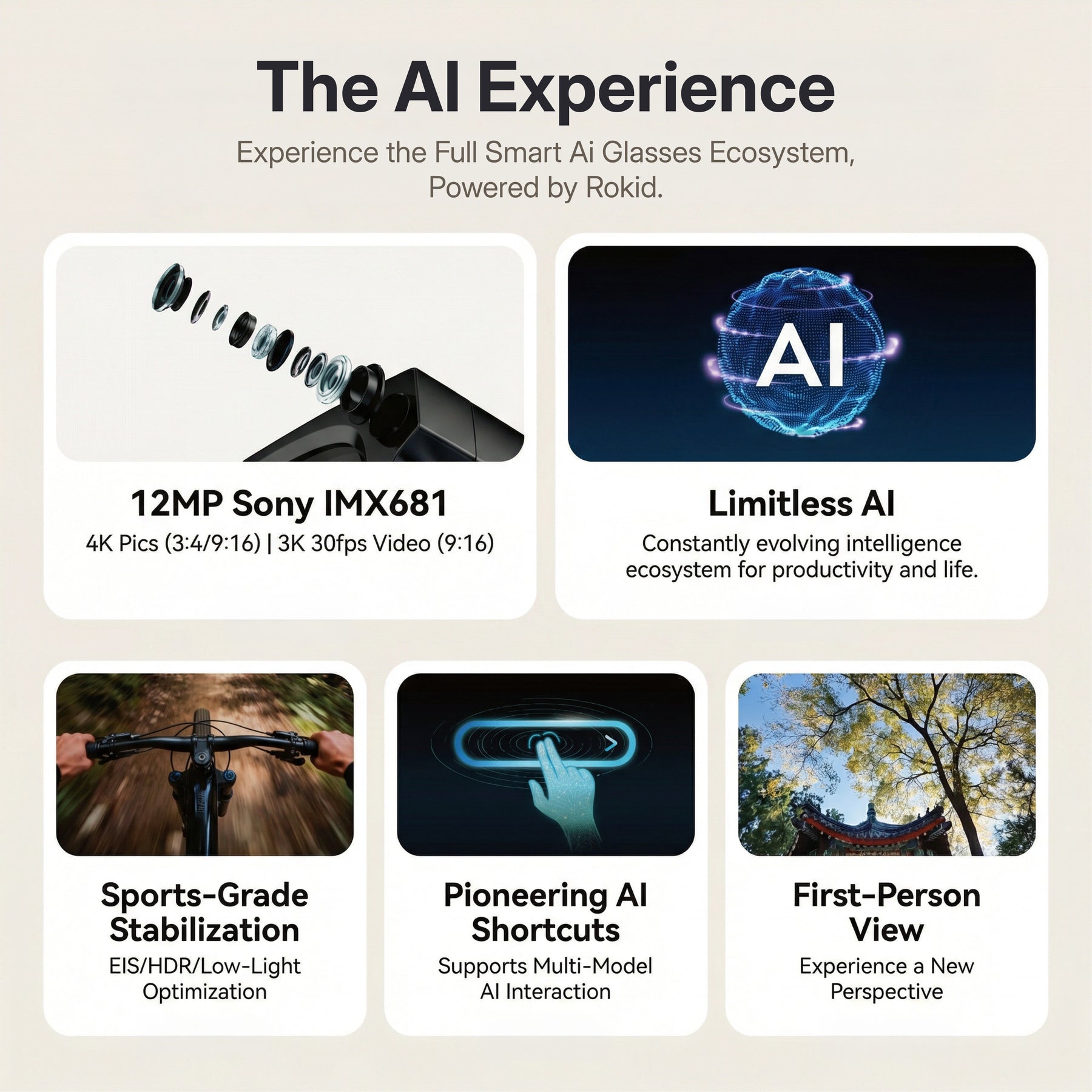 Rokid AI Glasses Style (ChatGPT & Gemini, 12MP POV Camera, Real‑Time Translation) Promotional graphic for smart AI glasses ecosystem with features highlighted.
