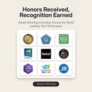 Rokid AI Glasses (12MP POV Camera, Dual‑Eye AR Display, 89‑Language Translation) Collection of award logos and Rokid's logo on a beige background with text about recognition and awards.