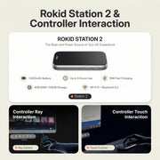 Rokid AR Spatial AR Glasses (215" Virtual Screen, 120Hz, USB‑C, Myopia Adjustment) Advertisement for Rokid Station 2 and controller interaction with text and product images.