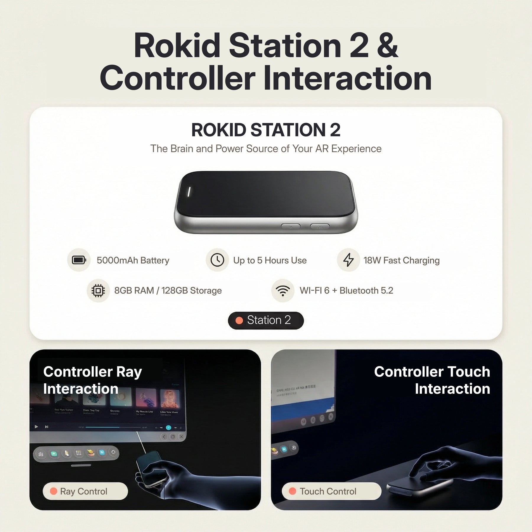 Rokid AR Spatial AR Glasses (215" Virtual Screen, 120Hz, USB‑C, Myopia Adjustment) Advertisement for Rokid Station 2 and controller interaction with text and product images.