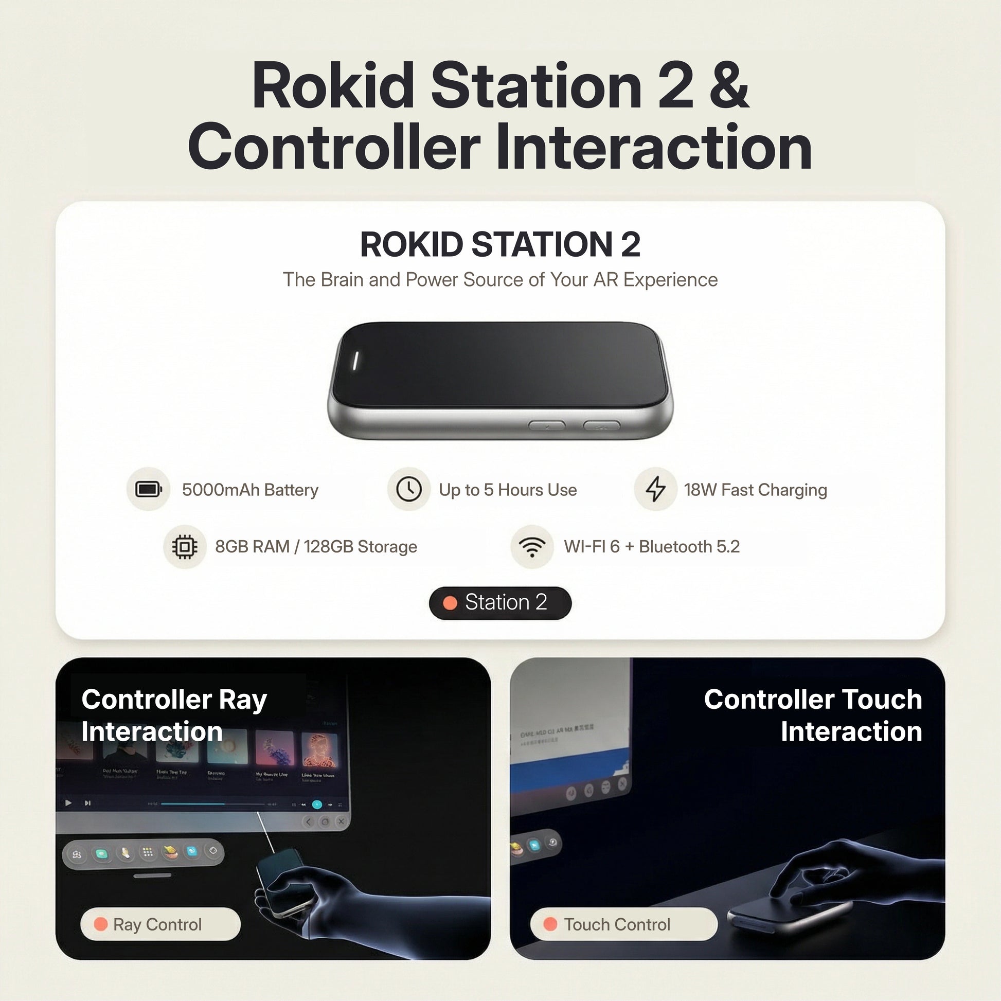 Rokid AR Spatial AR Glasses (215" Virtual Screen, 120Hz, USB‑C, Myopia Adjustment) Advertisement for Rokid Station 2 and controller interaction with text and product images.