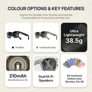 Rokid AI Glasses Style (ChatGPT & Gemini, 12MP POV Camera, Real‑Time Translation) Product feature card with color options and key features on a beige background
