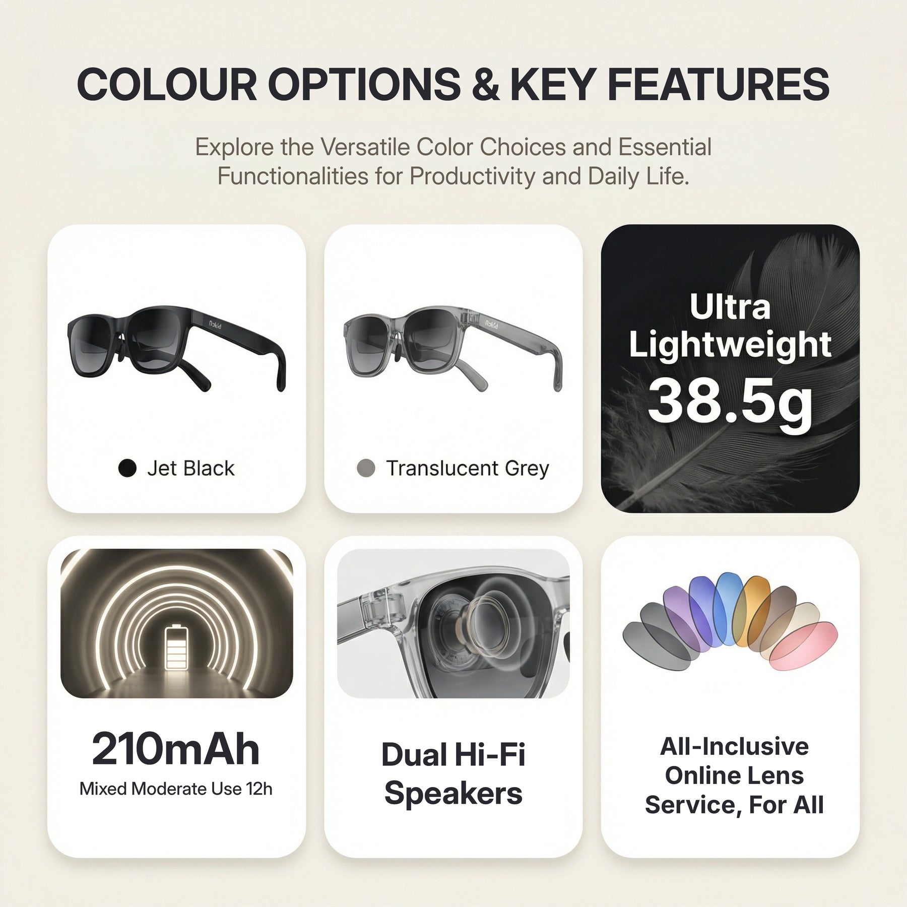 Rokid AI Glasses Style (ChatGPT & Gemini, 12MP POV Camera, Real‑Time Translation) Product feature card with color options and key features on a beige background