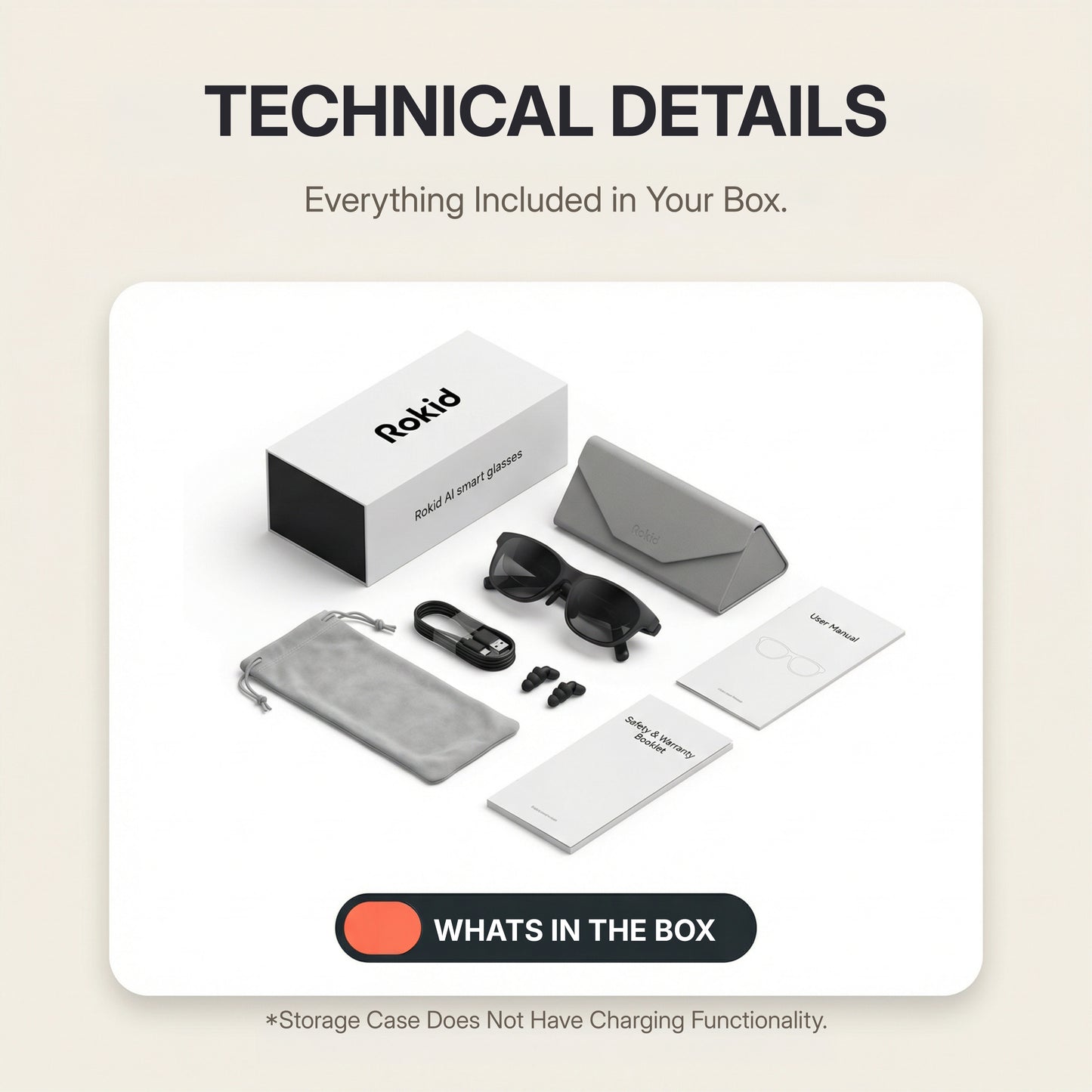 Rokid AI Glasses Style (ChatGPT & Gemini, 12MP POV Camera, Real‑Time Translation) Rokid product packaging with accessories on a beige background
