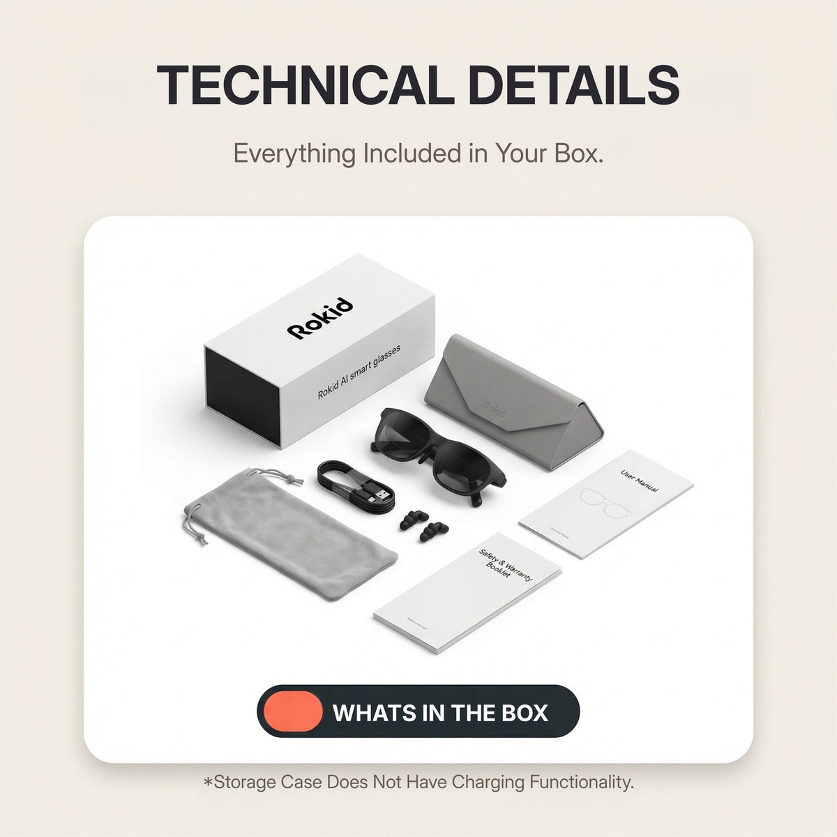 Rokid AI Glasses Style (ChatGPT & Gemini, 12MP POV Camera, Real‑Time Translation) Rokid product packaging with accessories on a beige background