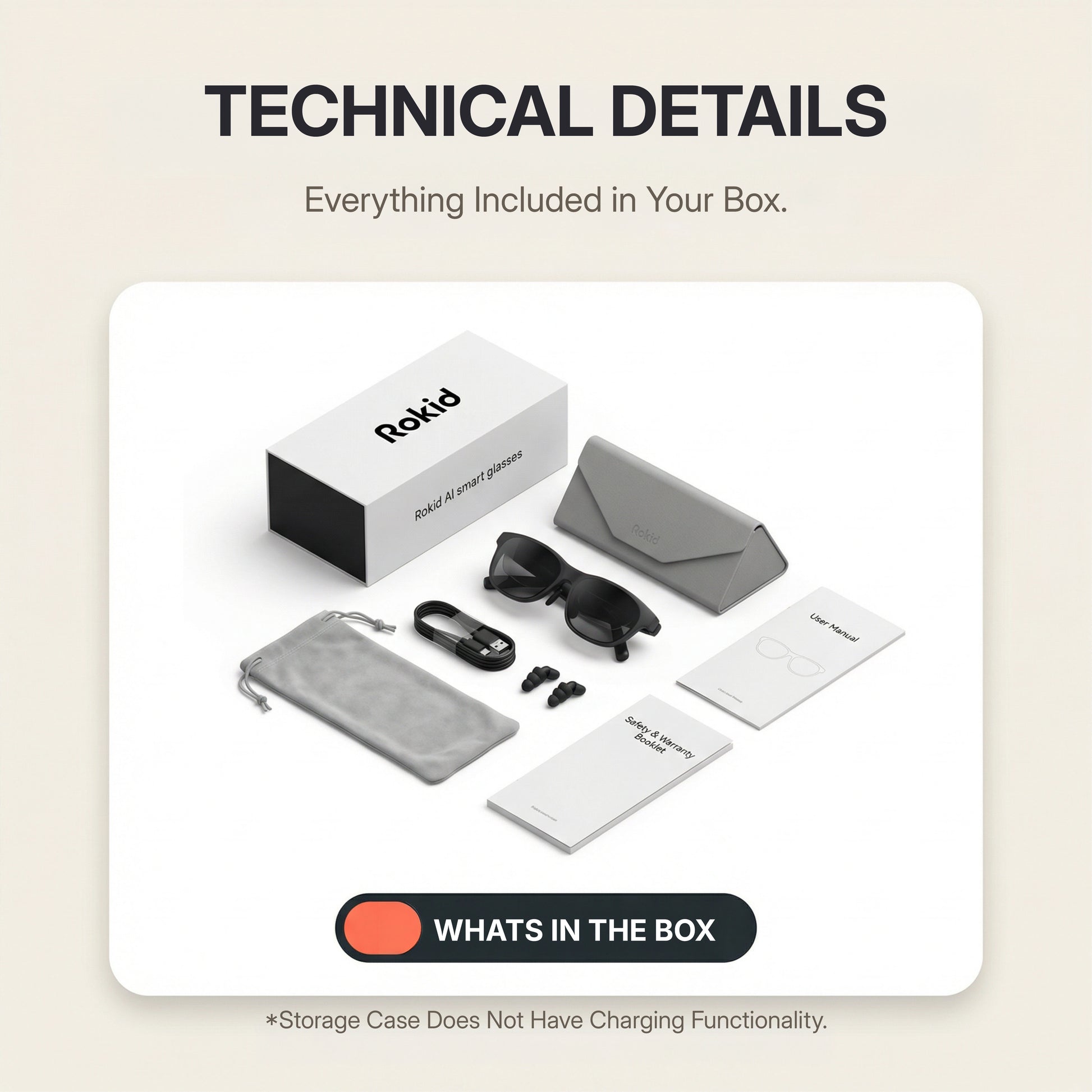 Rokid AI Glasses Style (ChatGPT & Gemini, 12MP POV Camera, Real‑Time Translation) Rokid product packaging with accessories on a beige background