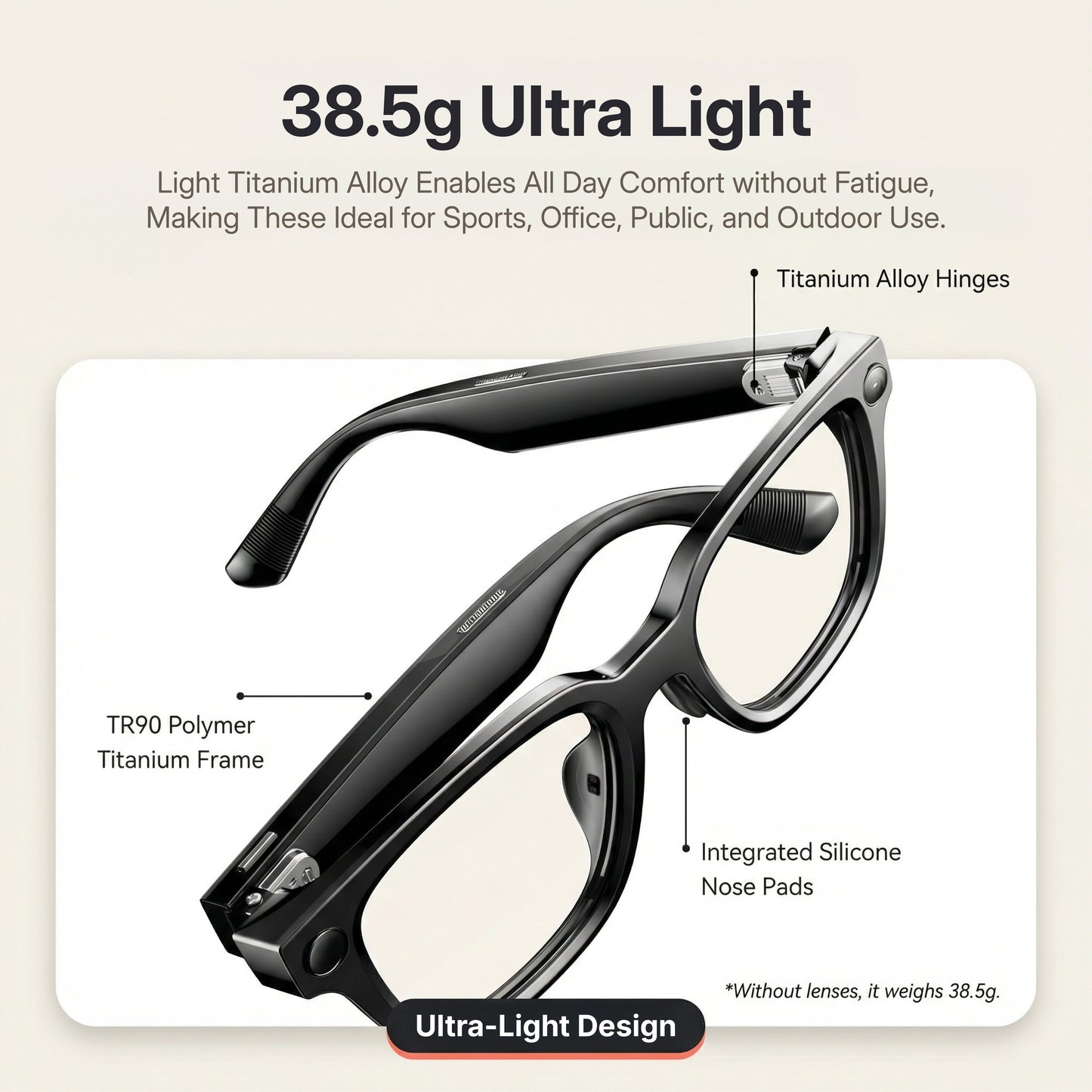 Rokid AI Glasses Style (ChatGPT & Gemini, 12MP POV Camera, Real‑Time Translation) Ultra-light glasses with features highlighted on a beige background