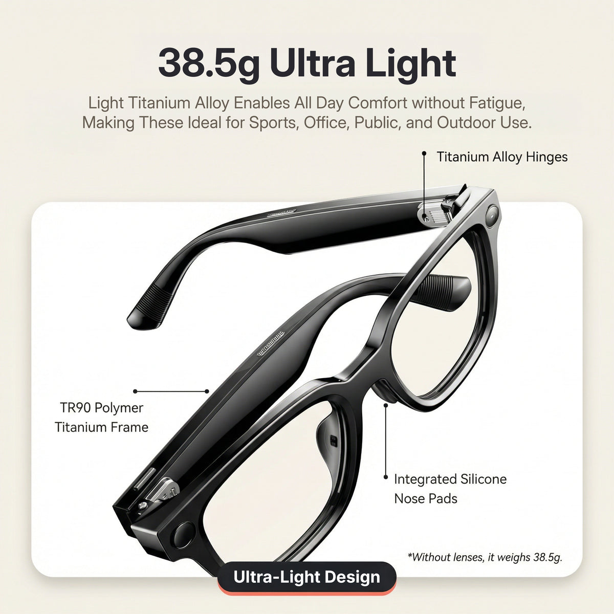 Rokid AI Glasses Style (ChatGPT & Gemini, 12MP POV Camera, Real‑Time Translation) Ultra-light glasses with features highlighted on a beige background