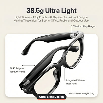 Rokid AI Glasses Style (ChatGPT & Gemini, 12MP POV Camera, Real‑Time Translation) Ultra-light glasses with features highlighted on a beige background