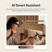 Rokid AI Glasses Style (ChatGPT & Gemini, 12MP POV Camera, Real‑Time Translation) Person using an AI smart assistant with a cat, featuring ChatGPT and Rokid Ai Glasses.