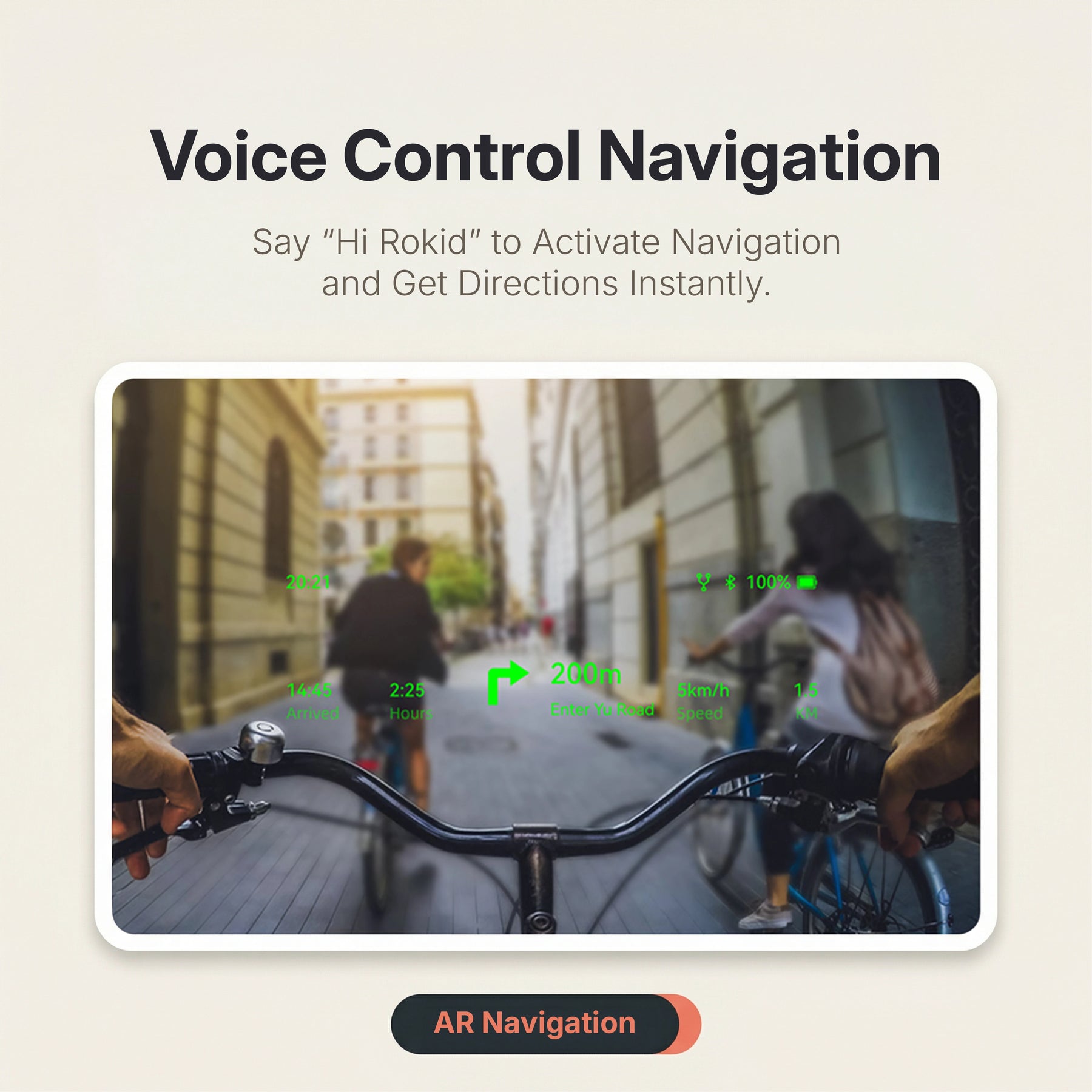 Rokid AI Glasses (12MP POV Camera, Dual‑Eye AR Display, 89‑Language Translation) Bicycle handlebar with digital display showing navigation information and AR navigation button.