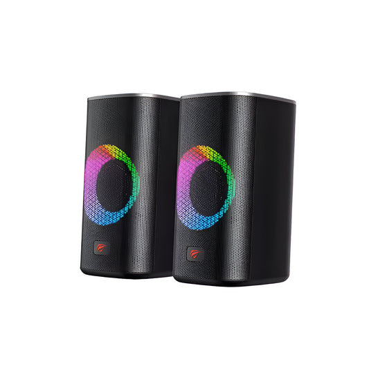 Pair of black speakers with colorful circular designs on a white background