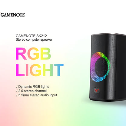 GAMENOTE SK212 stereo computer speaker with RGB lighting on a gradient background