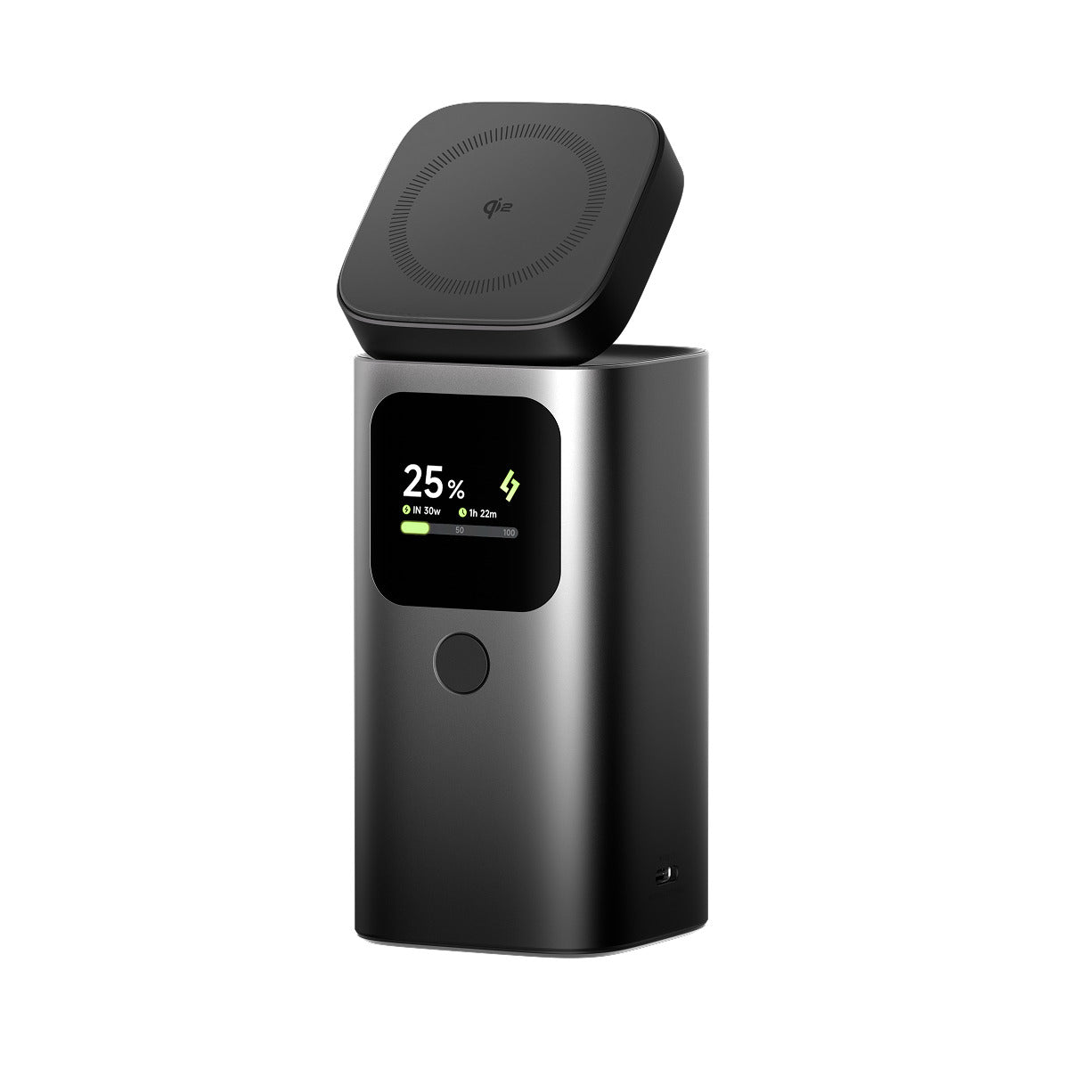 Sharge StandMag 15000 Power Bank (100W USB‑C, Qi2 MagSafe 15W, 15000mAh) Black electronic device with a digital display on a white background