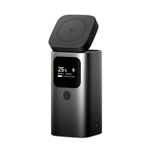 Sharge StandMag 15000 Power Bank (100W USB‑C, Qi2 MagSafe 15W, 15000mAh) Black electronic device with a digital display on a white background