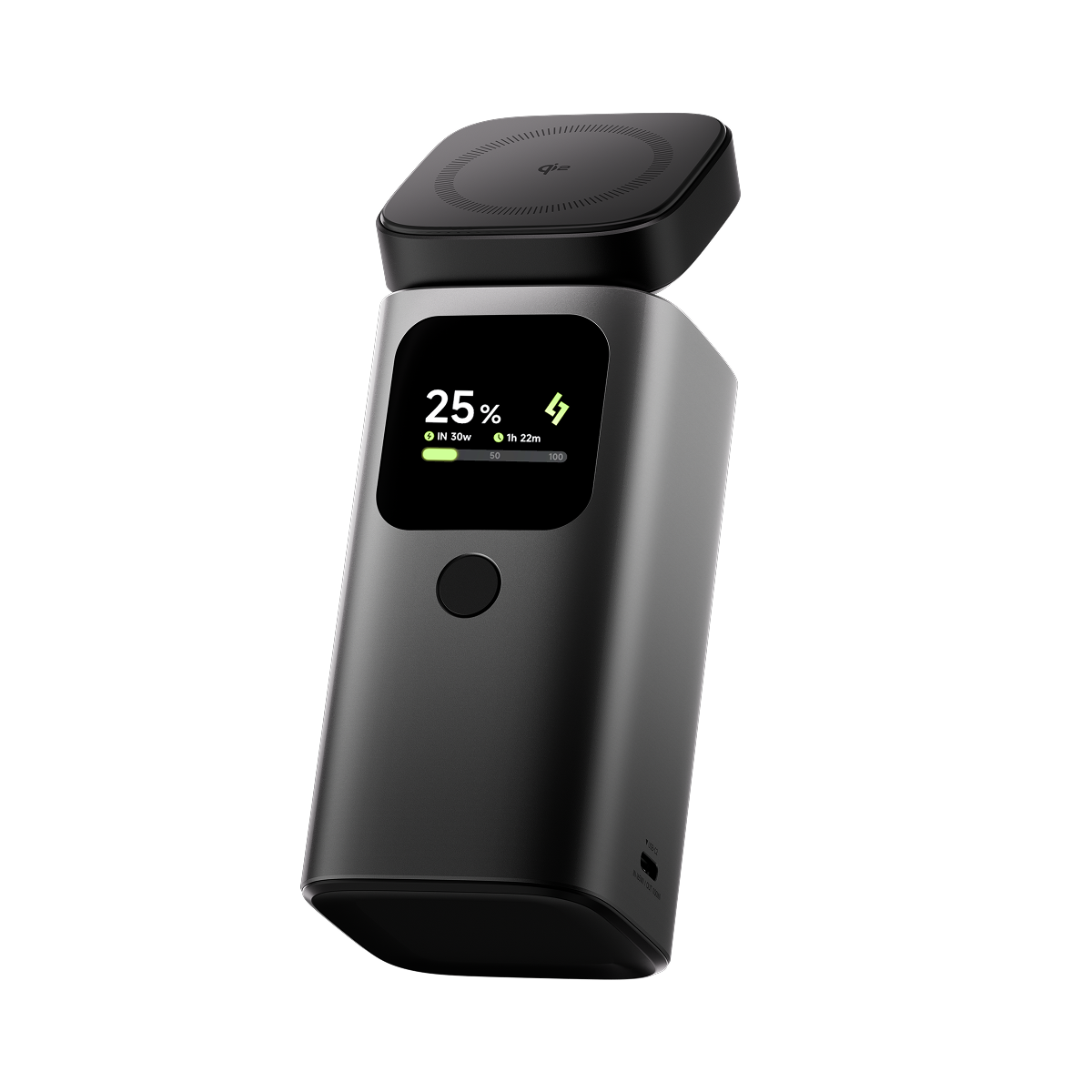 Sharge StandMag 15000 Power Bank (100W USB‑C, Qi2 MagSafe 15W, 15000mAh) Black electronic device with a digital display on a white background