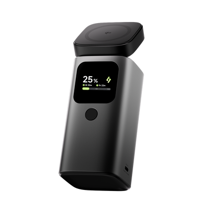 Sharge StandMag 15000 Power Bank (100W USB‑C, Qi2 MagSafe 15W, 15000mAh) Black electronic device with a digital display on a white background