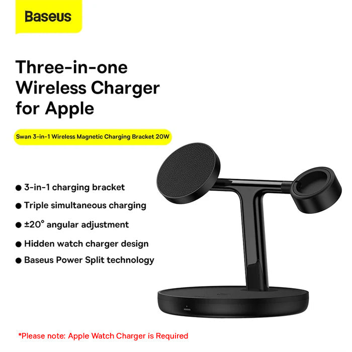 Baseus three-in-one wireless charger for Apple with features listed on a white background