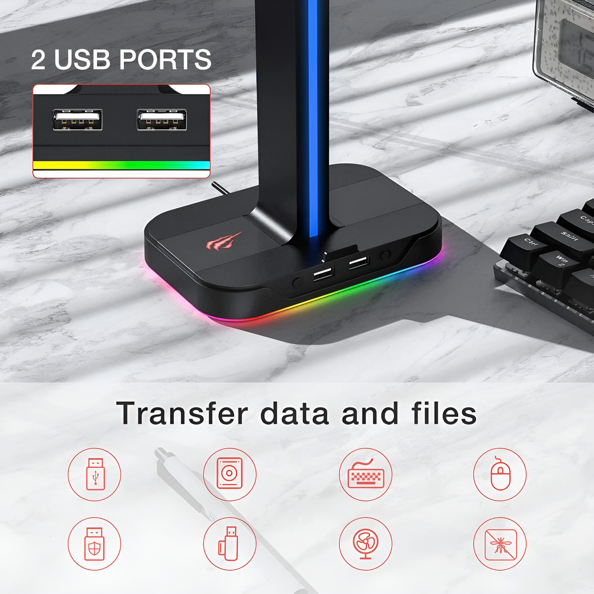 USB hub with RGB lighting on a marble surface, showing two USB ports.