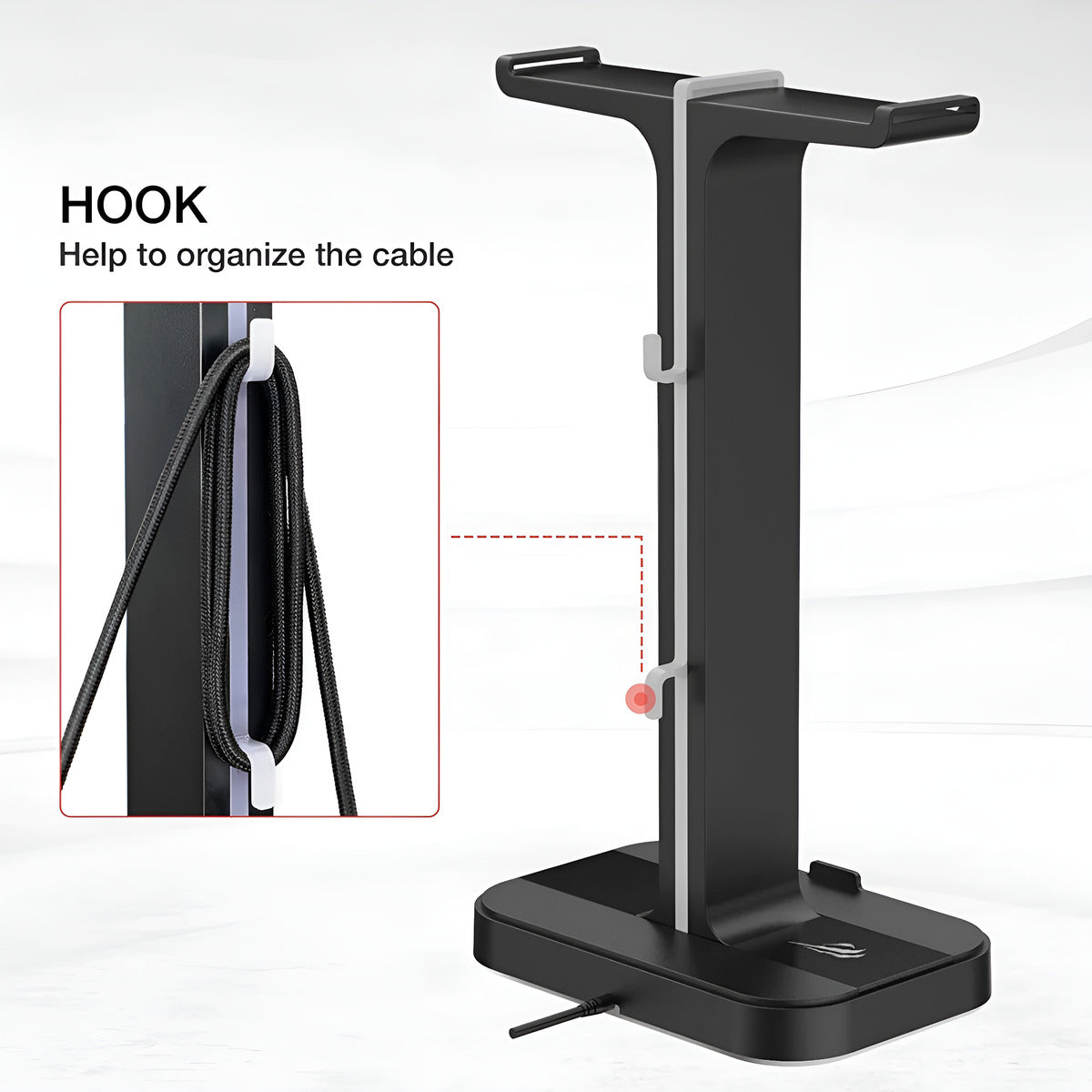 Black headphone stand with cable hook on a white background