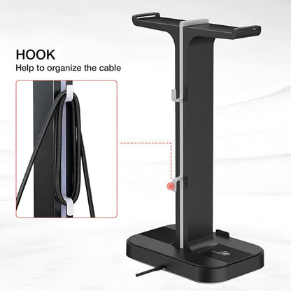 Black headphone stand with cable hook on a white background