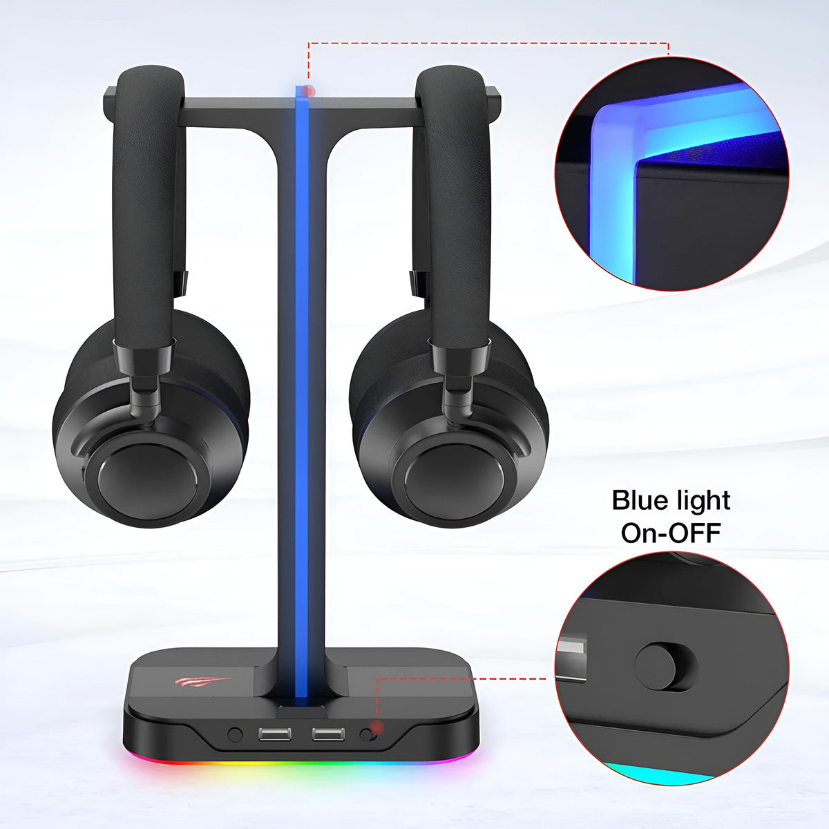 Black headphones on a stand with blue light feature and RGB base
