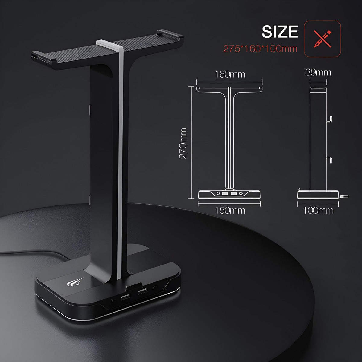 Black phone stand with dimensions displayed on a dark background