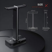 Black phone stand with dimensions displayed on a dark background